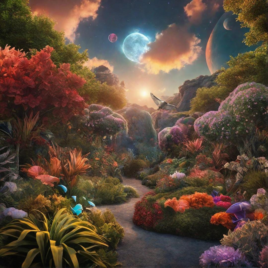  Colorful outer space, garden of eden animals and creation. hyperrealistic, full body, detailed clothing, highly detailed, cinematic lighting, stunningly beautiful, intricate, sharp focus, f/1. 8, 85mm, (centered image composition), (professionally color graded), ((bright soft diffused light)), volumetric fog, trending on instagram, trending on tumblr, HDR 4K, 8K