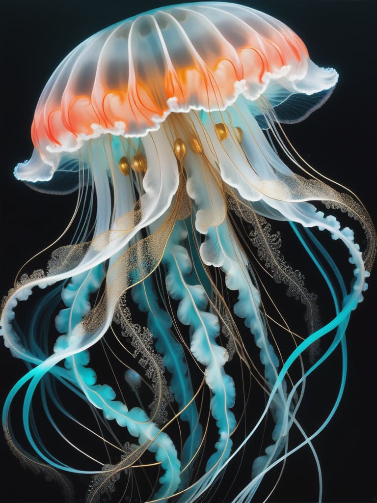  photo RAW, (Black, petrol and neon turquoise : Portrait of 2 ghostly long tailed white jelly fish, woman, shiny aura, highly detailed, gold and coral filigree, intricate motifs, organic tracery, Januz Miralles, Hikari Shimoda, glowing stardust by W. Zelmer, perfect composition, smooth, sharp focus, sparkling particles, lively coral reef background Realistic, realism, hd, 35mm photograph, 8k), masterpiece, award winning photography, natural light, perfect composition, high detail, hyper realistic hyperrealistic, full body, detailed clothing, highly detailed, cinematic lighting, stunningly beautiful, intricate, sharp focus, f/1. 8, 85mm, (centered image composition), (professionally color graded), ((bright soft diffused light)), volumetric fog, trending on instagram, trending on tumblr, HDR 4K, 8K