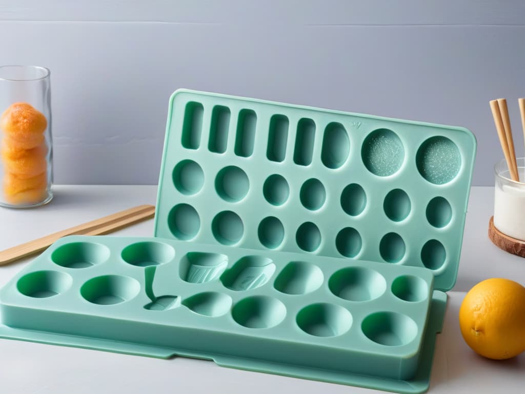  A closeup, highresolution image of a sleek, modern kitchen countertop with an array of meticulously designed silicone baking molds neatly arranged in various shapes and sizes. The molds are vibrant in color, casting soft shadows against the clean, minimalist backdrop, emphasizing their quality and versatility. The image captures the essence of precision and creativity in baking, inviting the viewer to explore the endless possibilities of silicone molds in elevating their confectionery creations. hyperrealistic, full body, detailed clothing, highly detailed, cinematic lighting, stunningly beautiful, intricate, sharp focus, f/1. 8, 85mm, (centered image composition), (professionally color graded), ((bright soft diffused light)), volumetric fog, trending on instagram, trending on tumblr, HDR 4K, 8K