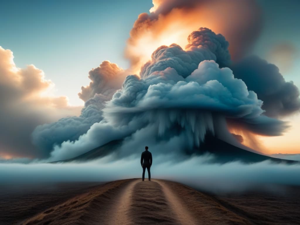  A minimalistic, highly detailed image of a solitary figure standing at the crossroads of Heaven, Purgatory, and Hell, as depicted in 'La Divina Comedia'. The figure is surrounded by swirling mists symbolizing the complexities of choice and morality, with faint glimpses of angels, demons, and lost souls in the background. The scene is bathed in a soft, ethereal light, casting long shadows and adding a sense of mystery and contemplation to the composition. hyperrealistic, full body, detailed clothing, highly detailed, cinematic lighting, stunningly beautiful, intricate, sharp focus, f/1. 8, 85mm, (centered image composition), (professionally color graded), ((bright soft diffused light)), volumetric fog, trending on instagram, trending on tumblr, HDR 4K, 8K