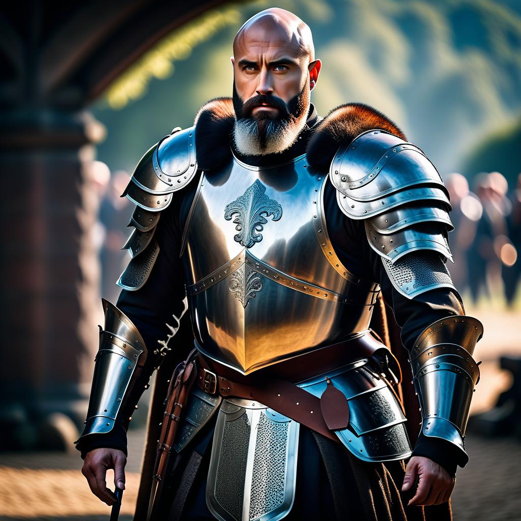  cinematic photo Bald bearded warrior in knight's armor, without a helmet. . 35mm photograph, film, bokeh, professional, 4k, highly detailed hyperrealistic, full body, detailed clothing, highly detailed, cinematic lighting, stunningly beautiful, intricate, sharp focus, f/1. 8, 85mm, (centered image composition), (professionally color graded), ((bright soft diffused light)), volumetric fog, trending on instagram, trending on tumblr, HDR 4K, 8K