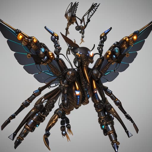  Steampunk cybernetic biomechanical hornet with wings, 3 d model, very coherent symmetrical artwork