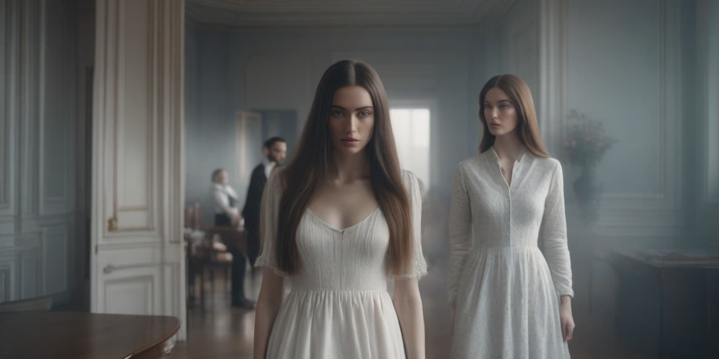  A girl with very long hair in a cotton dress and a man nearby in the room. hyperrealistic, full body, detailed clothing, highly detailed, cinematic lighting, stunningly beautiful, intricate, sharp focus, f/1. 8, 85mm, (centered image composition), (professionally color graded), ((bright soft diffused light)), volumetric fog, trending on instagram, trending on tumblr, HDR 4K, 8K