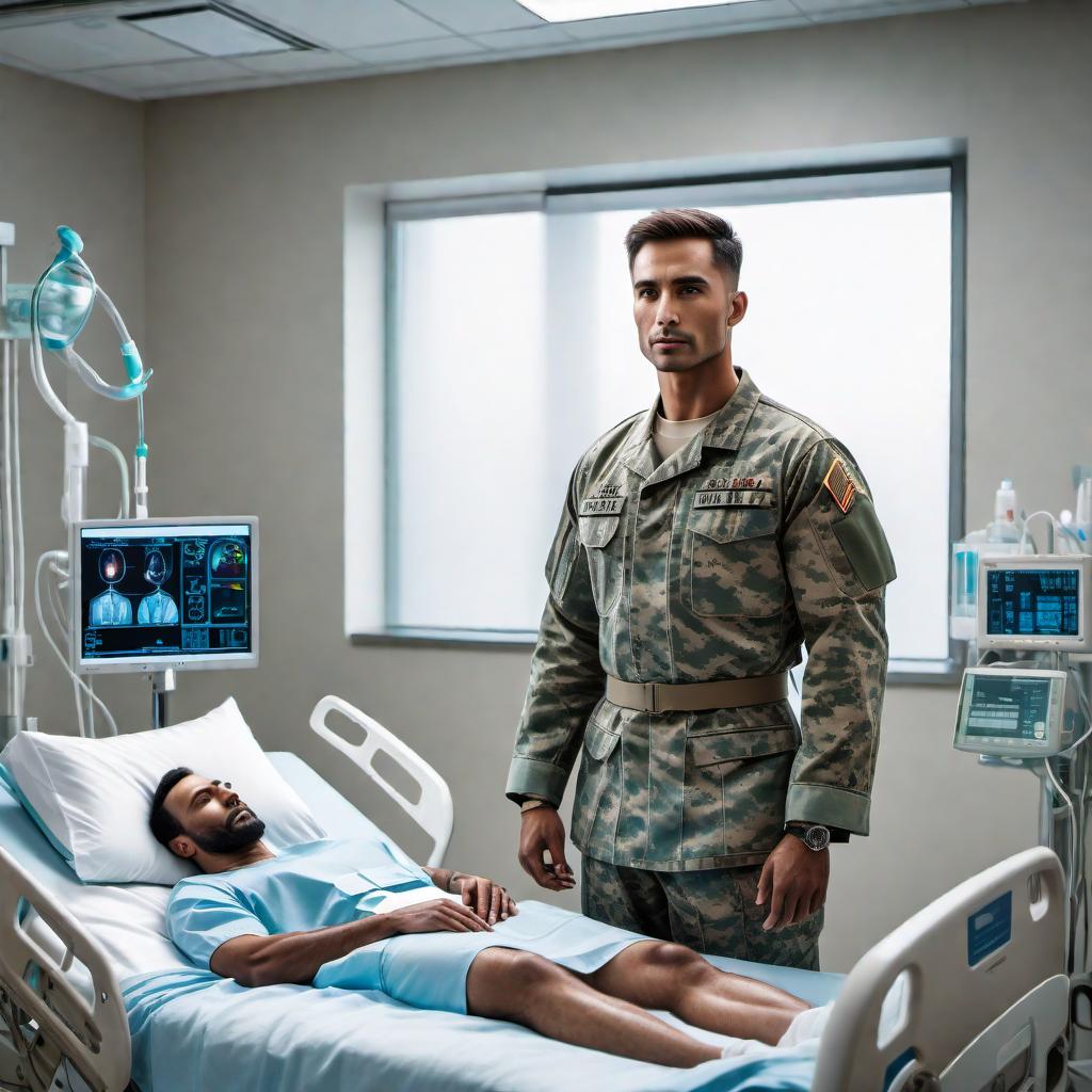  A soldier rising from a hospital bed following a transplant procedure. The image should depict the soldier in a hopeful and positive light, embodying strength and recovery. The soldier is wearing a hospital gown and there is medical equipment around the bed signaling a recent surgery. The expression is one of determination and gratitude, and the atmosphere is calm and serene to represent healing. hyperrealistic, full body, detailed clothing, highly detailed, cinematic lighting, stunningly beautiful, intricate, sharp focus, f/1. 8, 85mm, (centered image composition), (professionally color graded), ((bright soft diffused light)), volumetric fog, trending on instagram, trending on tumblr, HDR 4K, 8K