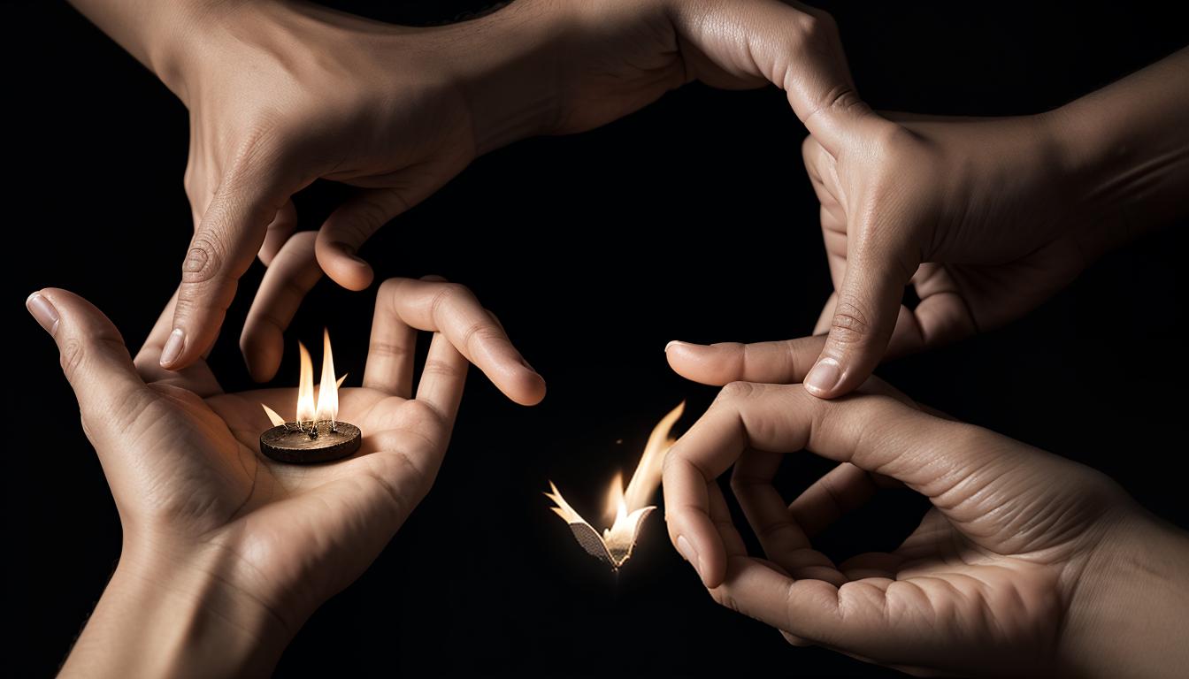  cinematic, aesthetic, A pair of hands, one holding a tiny flame, the other extended outward, background split into light and dark halves, balance in giving and receiving, kindness, protecting self, duality, harmony, 4k, HDR, lens flare