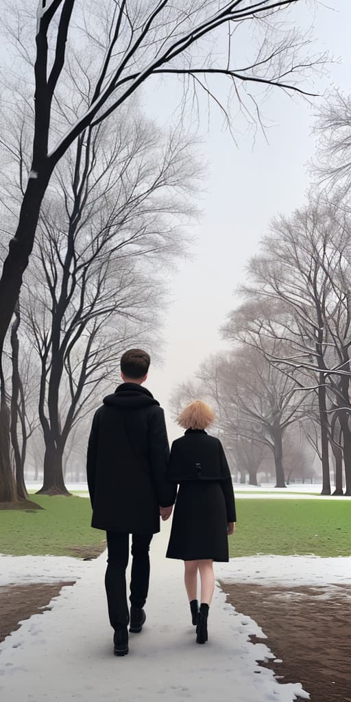  girl, boy haircut, back, walking through the park, winter