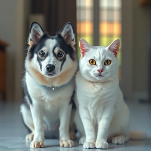  a white cat and black dog hyperrealistic, full body, detailed clothing, highly detailed, cinematic lighting, stunningly beautiful, intricate, sharp focus, f/1. 8, 85mm, (centered image composition), (professionally color graded), ((bright soft diffused light)), volumetric fog, trending on instagram, trending on tumblr, HDR 4K, 8K