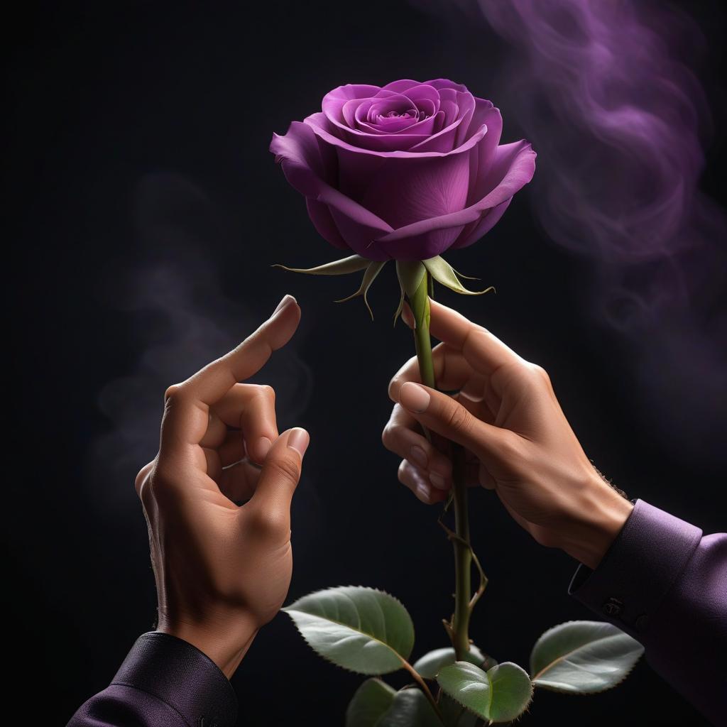  Purple rose holds a man's hand up to the top with three fingers on a black background. hyperrealistic, full body, detailed clothing, highly detailed, cinematic lighting, stunningly beautiful, intricate, sharp focus, f/1. 8, 85mm, (centered image composition), (professionally color graded), ((bright soft diffused light)), volumetric fog, trending on instagram, trending on tumblr, HDR 4K, 8K