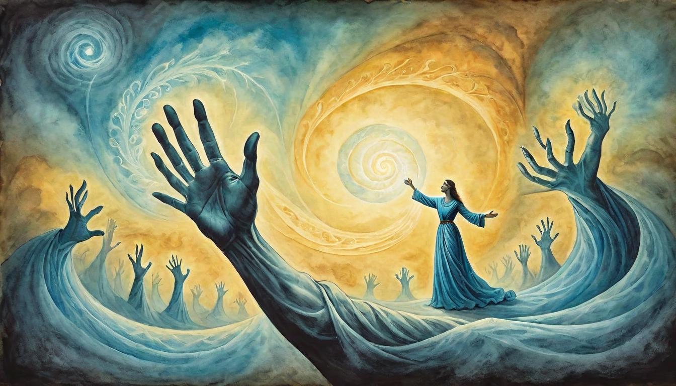  on parchment, surrealism+++, A figure reaching out with hands glowing, uplifting those around, subtle energy waves, positive, encouraging(mysterious, provocative, symbolic,muted color)+++