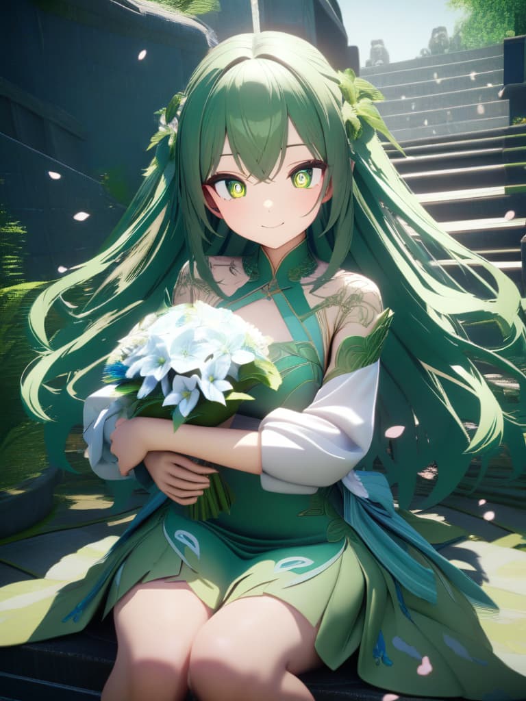  (masterpiece,best quality,highly detailed,ultra detailed,high resolution,perfect anatomy,absurdres,4K,8K:1.2),3d,anime,doujin,bloom,high brightness,(ultra detailed mesmerizing eyes,ultra intricate pupil in eyes),1girl,(Venusaur image dress),hair,( green,natural tones,petals inspired waves),eyes,(large,green,with small flower design),face,( gentle expression,warm smile),body,(curves inspired by Venusaur's flowers and leaves,adorned with flower accessories and green ribbons),clothing,(natural and cute dress,skirt with gr and flower patterns,green themed accessories),pose,(harmonious and natural,holding a small bouquet,smiling in a nature inspired setting),(ultra detailed cloth texture),dress,<lora:dressLo:0.6>, masterpiece, best quality,8k,ul