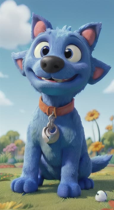  {Max carefully picking up the ball with his teeth without disturbing the flowers, The big blue dog is large with sky blue fur, big round eyes, a black nose, and floppy ears.