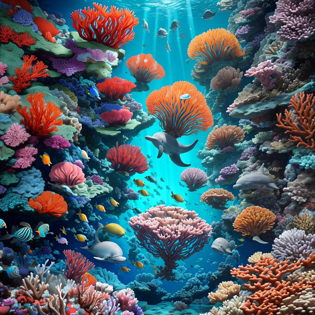  masterpiece, best quality, Most Beautiful in deep sea teeming with vibrant corals, diverse marine life, and enchanting underwater landscapes, full of corals, acrophore, small fishes, anemones, dolphin, various algaes, caves, colorful,all captured in stunning 8k resolution with intricate details.