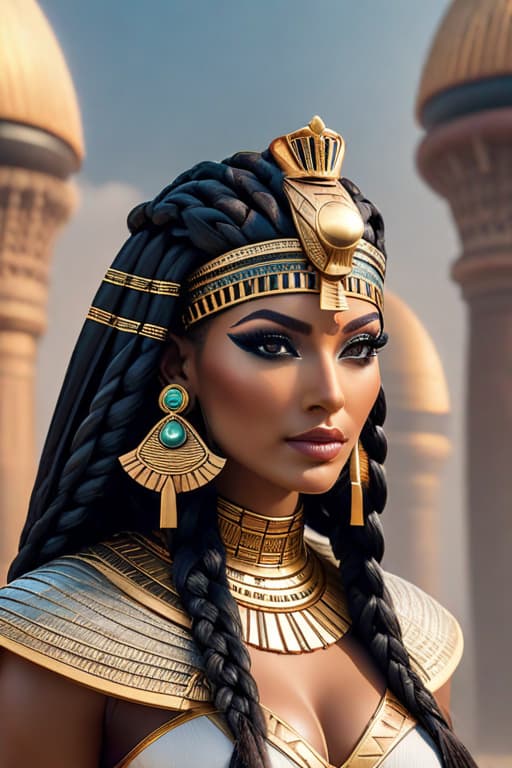  egyptian Women, Queen super hero stood high, behind her, looking straight , black eyes, crown , majestuous , braids hair hyperrealistic, full body, detailed clothing, highly detailed, cinematic lighting, stunningly beautiful, intricate, sharp focus, f/1. 8, 85mm, (centered image composition), (professionally color graded), ((bright soft diffused light)), volumetric fog, trending on instagram, trending on tumblr, HDR 4K, 8K