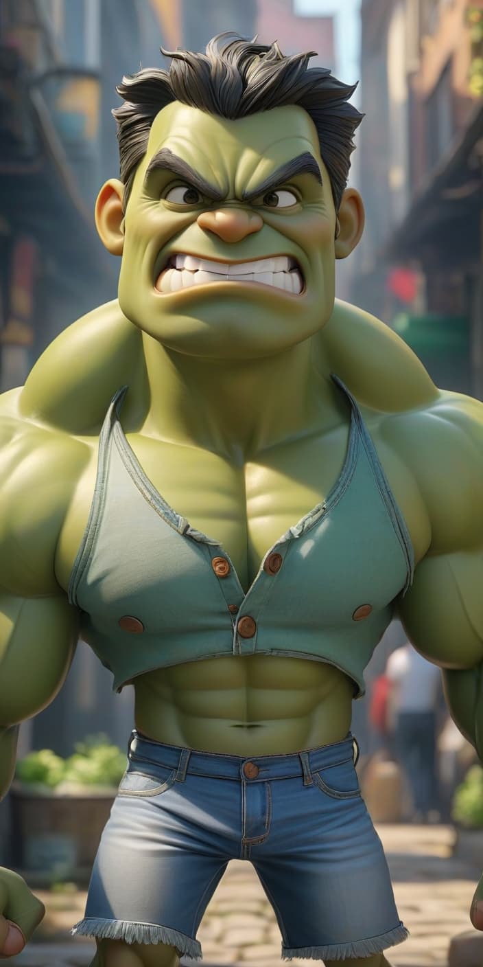  HDR photo of Hulk in a denim and white short top stands in front of me, smiles and looks at me with a ful look, thigs are chubby and wide, is slim, bottom up view, front view, clear skin texture on the green body, high skin detail, 4k . High dynamic range, vivid, rich details, clear shadows and highlights, realistic, intense, enhanced contrast, highly detailed hyperrealistic, full body, detailed clothing, highly detailed, cinematic lighting, stunningly beautiful, intricate, sharp focus, f/1. 8, 85mm, (centered image composition), (professionally color graded), ((bright soft diffused light)), volumetric fog, trending on instagram, trending on tumblr, HDR 4K, 8K