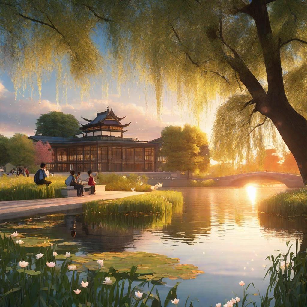  masterpiece, best quality,Outside the campus library, a lake with ducks and water lilies, willow trees, reeds, lights, students studying in the library, sunset, scattered on the lake and library, resolution required not less than 300dpi, Miyazaki style