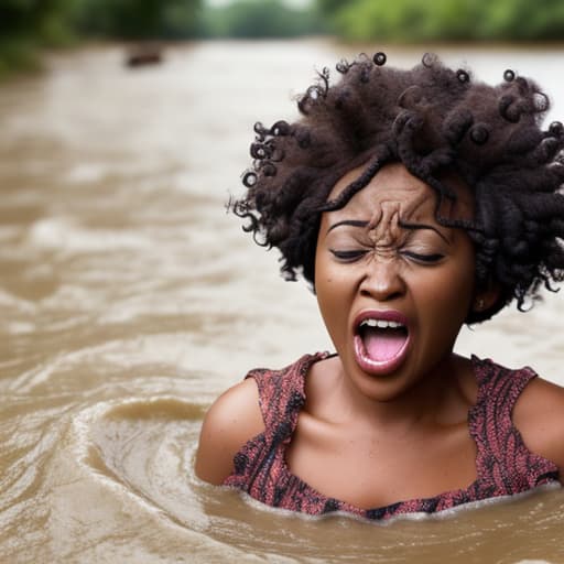  african woman's head with short and curly hair sinking in the river she's screaming and panic