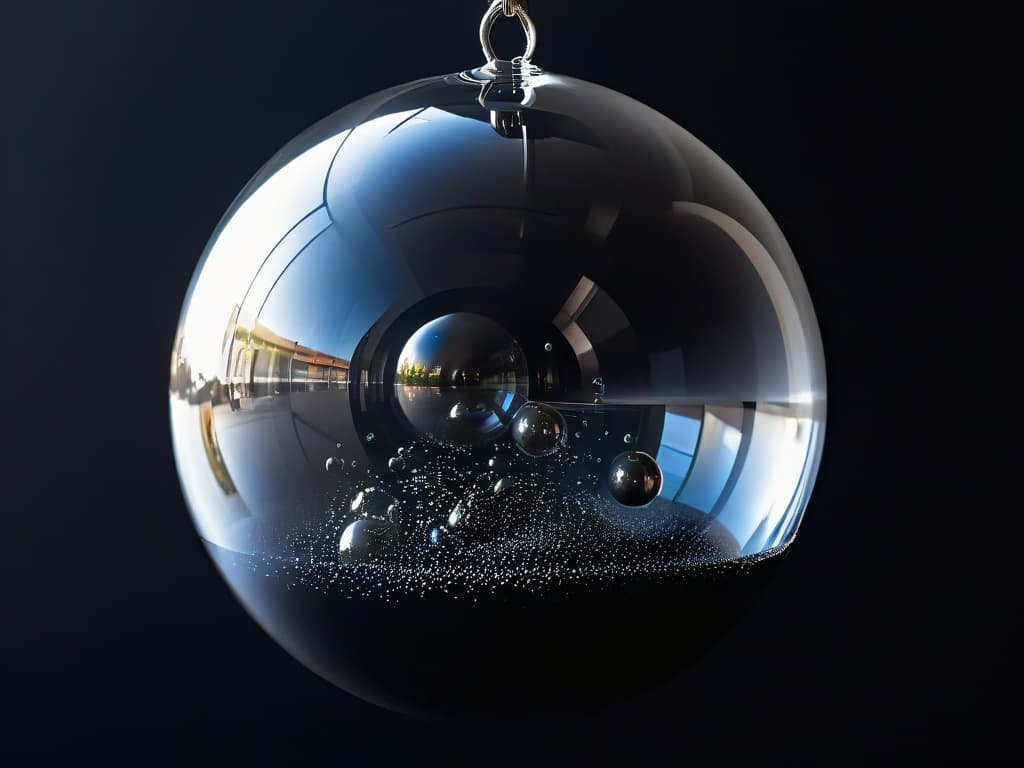  An ultradetailed closeup photo of a transparent spherical gelatinous orb, delicately suspending tiny silver metallic spheres inside, set against a stark black background. The metallic spheres reflect a soft, ethereal light, creating a mesmerizing and futuristic aesthetic that perfectly embodies the fusion of science and gastronomy in molecular gastronomy. hyperrealistic, full body, detailed clothing, highly detailed, cinematic lighting, stunningly beautiful, intricate, sharp focus, f/1. 8, 85mm, (centered image composition), (professionally color graded), ((bright soft diffused light)), volumetric fog, trending on instagram, trending on tumblr, HDR 4K, 8K