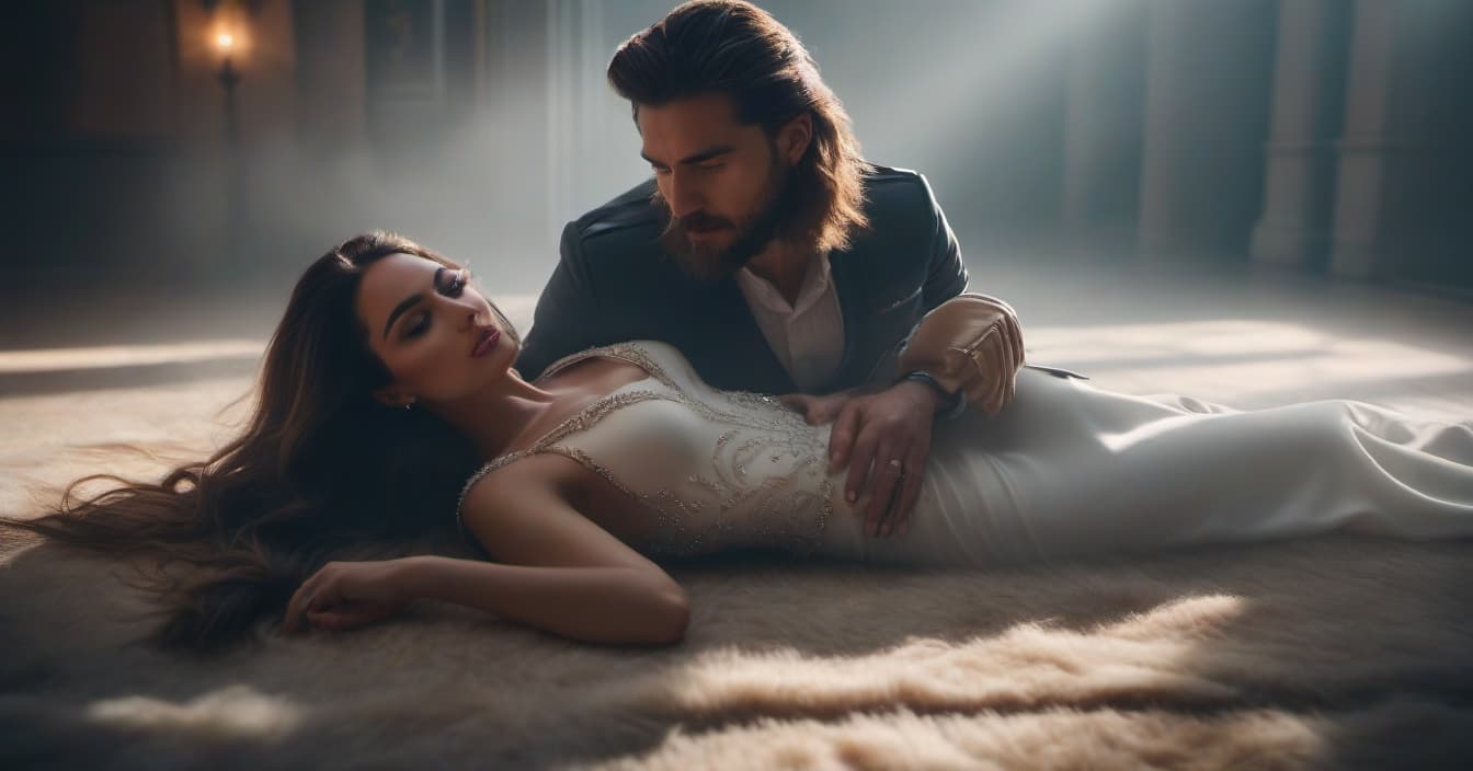  A girl lies on a man's shoulder on the floor. hyperrealistic, full body, detailed clothing, highly detailed, cinematic lighting, stunningly beautiful, intricate, sharp focus, f/1. 8, 85mm, (centered image composition), (professionally color graded), ((bright soft diffused light)), volumetric fog, trending on instagram, trending on tumblr, HDR 4K, 8K