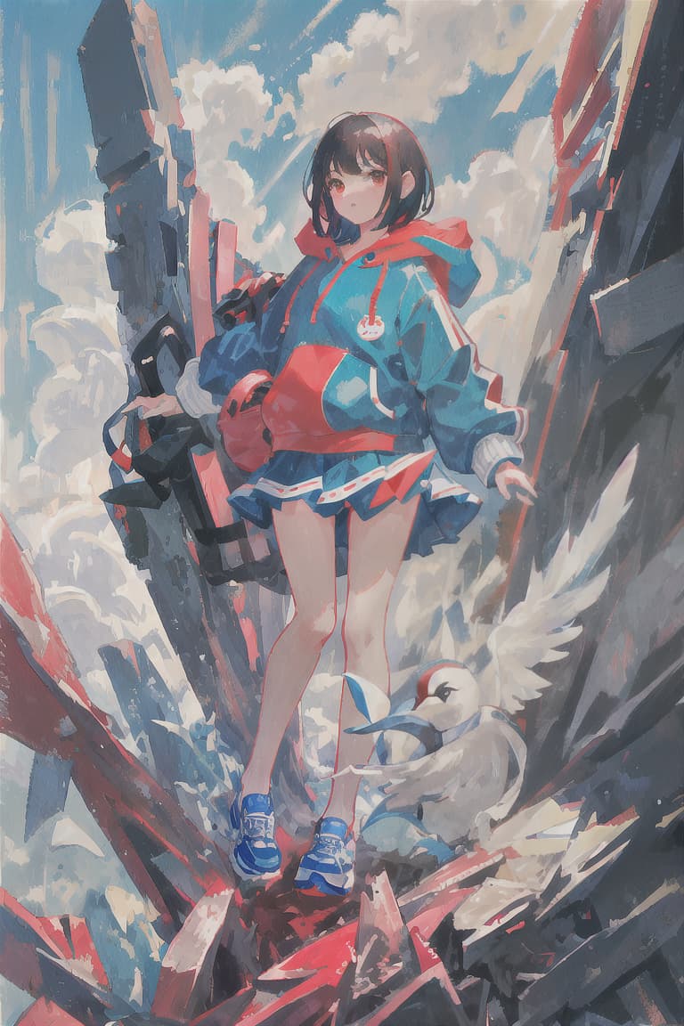  master piece , best quality,Black hair, bobbed hair, high school girl, red hoodie, light blue uniform, soda float, small white bird