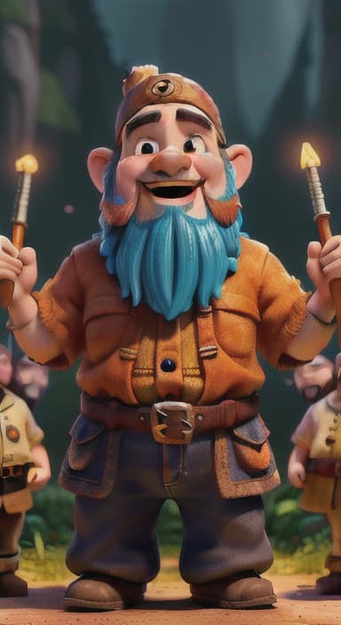  {Dwarves gathered around a campfire outside, singing joyfully with musical instruments like flutes and drums, their faces full of cheer., Dwarves are short, with bushy beards and rosy cheeks. They wear colorful tunics, pointy hats, and sturdy boots. They have twinkling eyes and joyful smiles.