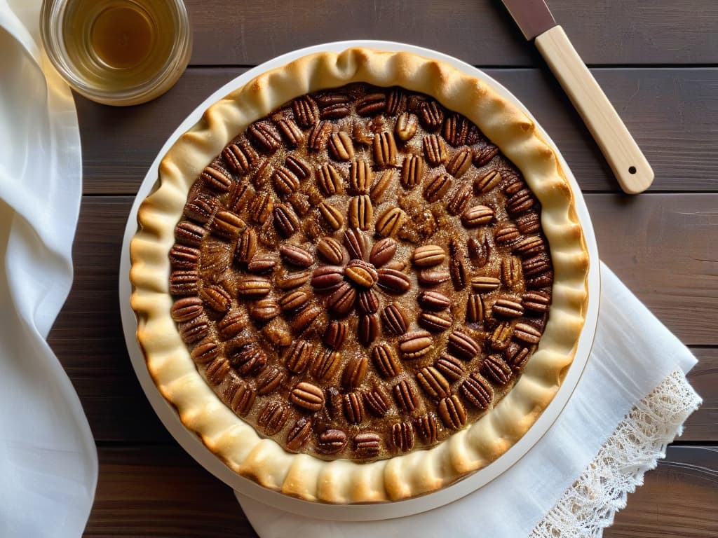  A closeup, ultradetailed image of a freshly baked pecan pie, still warm from the oven, with a golden brown crust perfectly crimped along the edges, showcasing a symmetrical pattern of toasted pecan halves on top. The pie sits on a rustic wooden table, surrounded by scattered whole pecans, a vintage pie server with a decorative handle, and a delicate linen napkin with intricate embroidery peeking into the frame. The lighting is soft and warm, casting gentle shadows that highlight the glossy caramelized filling peeking through the cracks on the surface of the pie. hyperrealistic, full body, detailed clothing, highly detailed, cinematic lighting, stunningly beautiful, intricate, sharp focus, f/1. 8, 85mm, (centered image composition), (professionally color graded), ((bright soft diffused light)), volumetric fog, trending on instagram, trending on tumblr, HDR 4K, 8K