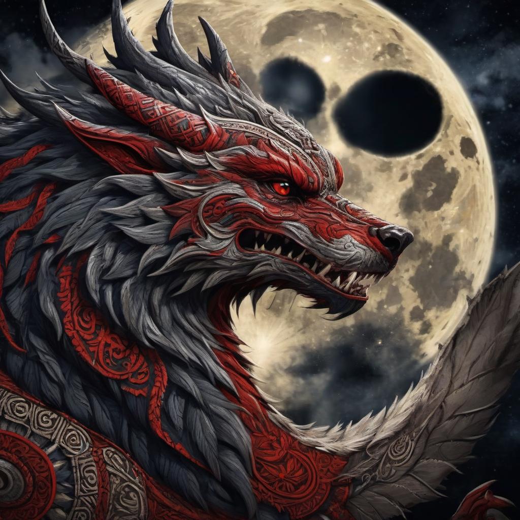  tribal style "Fenrir, the detailed Norse mythology dragon, on a full moon background, 4k, horrors, cruelty, blood" . indigenous, ethnic, traditional patterns, bold, natural colors, highly detailed