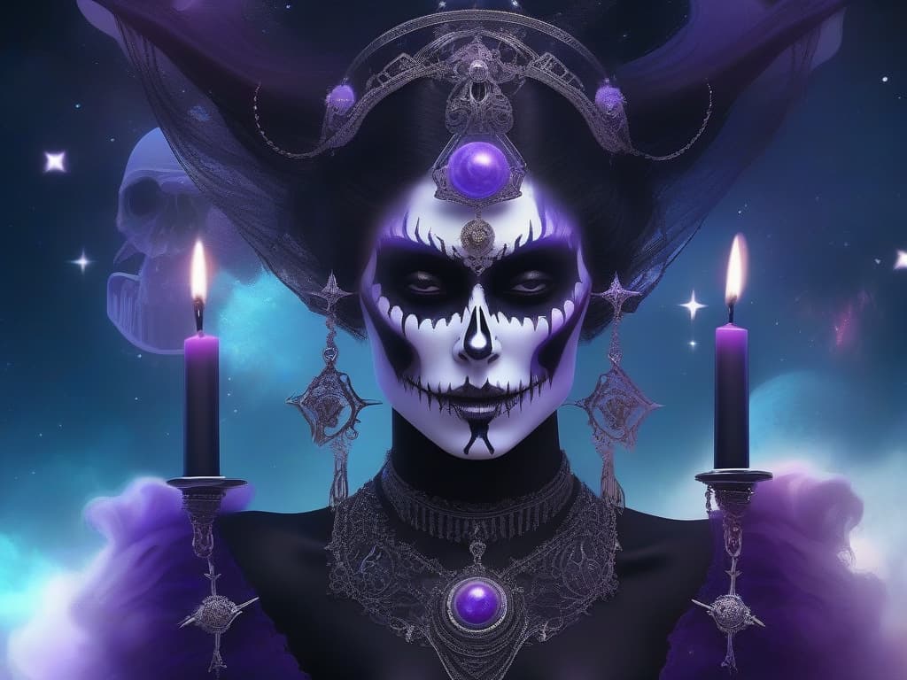  space-themed Goddess of Death, beautiful face, black dress, frills, purple neckline, black candles, fog, high detail, skull necklace . cosmic, celestial, stars, galaxies, nebulas, planets, science fiction, highly detailed