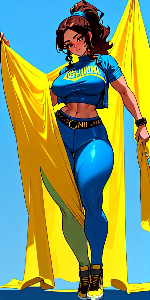  Extremely beautiful face, Mexican woman, slave woman, hourglass body, latina, Mexican face, extreme facial features, wearing makeup, dimples, long brown curly hair in ponytail, (curtain bangs) in blue jacket, yellow t shirt, blue leggings, in fallout clothes,  extremely detailed, stunning visuals, Strong athletic body, thick thighs showing, curved hips, detailed face, beautiful eyes, full body thighs showing, sexy body