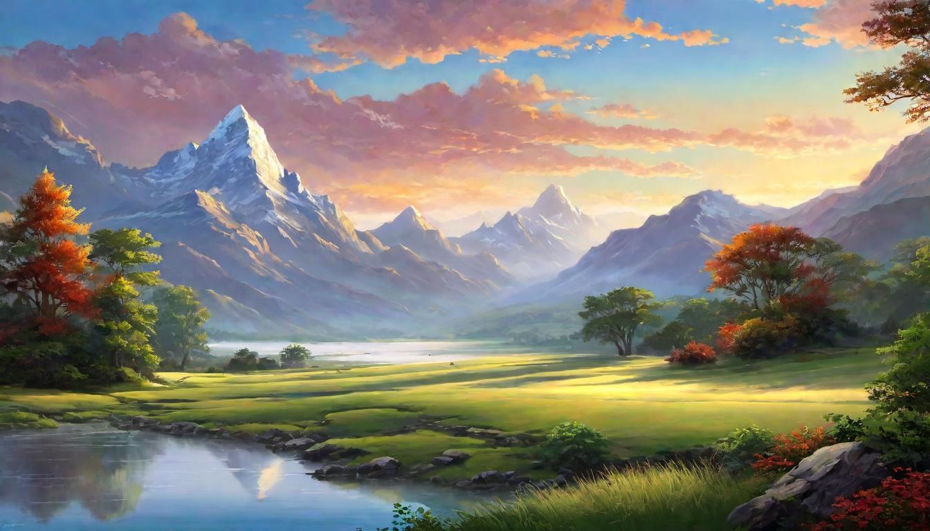  digital painting of A serene landscape at dawn, light gently breaking over the horizon, gratitude and acknowledgment, new beginnings, peaceful reflection looking at viewer, dynamic pose, (intricate details, masterpiece, best quality)