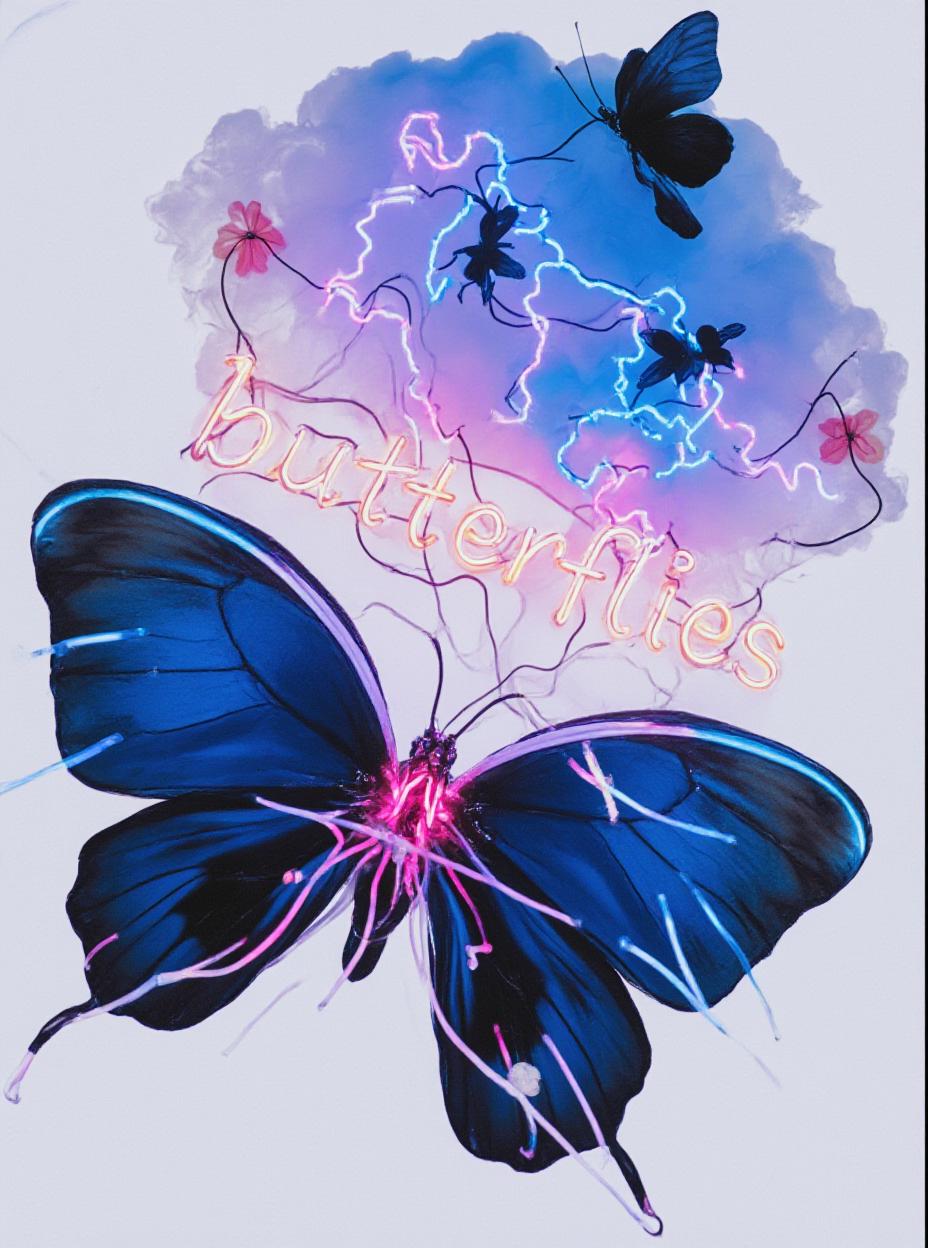  good quality, high quality, neon butterflies with typewriter script text that says "butterflies." in the middle