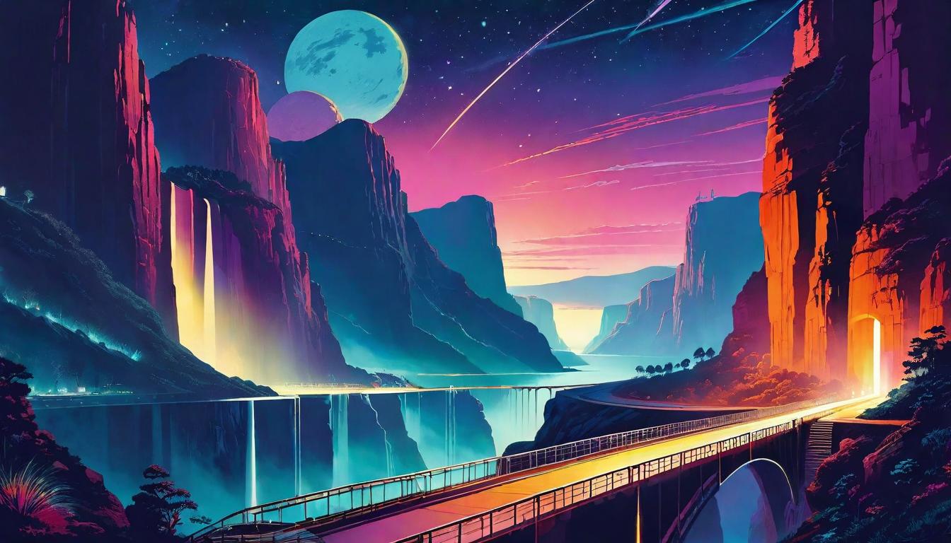  retro futuristic A bridge made of light spanning between two cliffs, under a starry sky – connecting worlds. Mood: peaceful, unifying. Style: ethereal beauty, night's allure. lvintage sci fi, 50s and 60s style, atomic age, vibrant, highly detailed