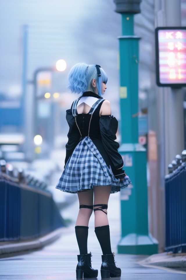  (absurdres,highres,superlative),((texture)),((contrast)),top quality,masterpiece face close up BREAK solo,girl,kawaii,(.zettai ryouiki),pastel blue hair,short hair,low twintail,(punkish gothic lolita style,wearing plaid dress,striped thighhighs,patent leather platform short boots,(kneeing,looking back at street of akihabara),(covering privates,covering crotch), hyperrealistic, full body, detailed clothing, highly detailed, cinematic lighting, stunningly beautiful, intricate, sharp focus, f/1. 8, 85mm, (centered image composition), (professionally color graded), ((bright soft diffused light)), volumetric fog, trending on instagram, trending on tumblr, HDR 4K, 8K