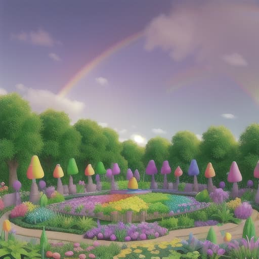  colorful garden under rainbow