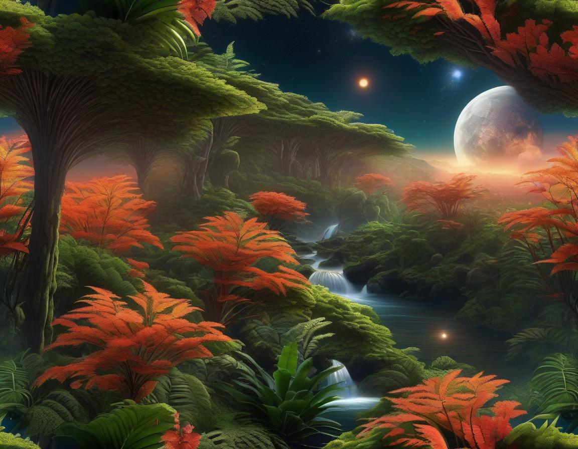  space themed A dense fern forest with numerous streams and fast waterfalls. Deep in the thicket, a magnificent fireflower of the fern bloomed. It's a quiet night, and the full moon shines brightly in the sky. . cosmic, celestial, stars, galaxies, nebulas, planets, science fiction, highly detailed hyperrealistic, full body, detailed clothing, highly detailed, cinematic lighting, stunningly beautiful, intricate, sharp focus, f/1. 8, 85mm, (centered image composition), (professionally color graded), ((bright soft diffused light)), volumetric fog, trending on instagram, trending on tumblr, HDR 4K, 8K