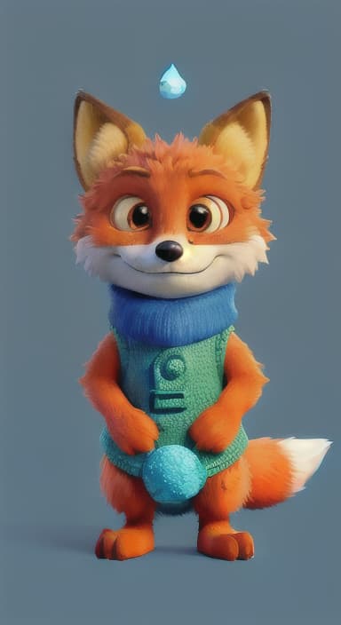  {Error the fox pressing the blue button with his paw, looking puzzled as nothing occurs., Error is a small, bright orange fox with a fluffy tail and big, inquisitive eyes. He has a mischievous yet kind expression and wears a tiny green scarf.