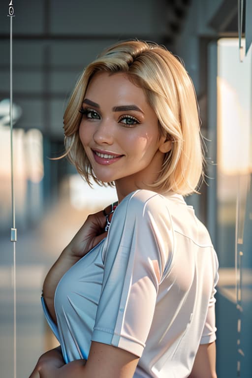  1girl,1girl,blonde short hair,straight hair,upper body shot,shirt,smile hyperrealistic, full body, detailed clothing, highly detailed, cinematic lighting, stunningly beautiful, intricate, sharp focus, f/1. 8, 85mm, (centered image composition), (professionally color graded), ((bright soft diffused light)), volumetric fog, trending on instagram, trending on tumblr, HDR 4K, 8K