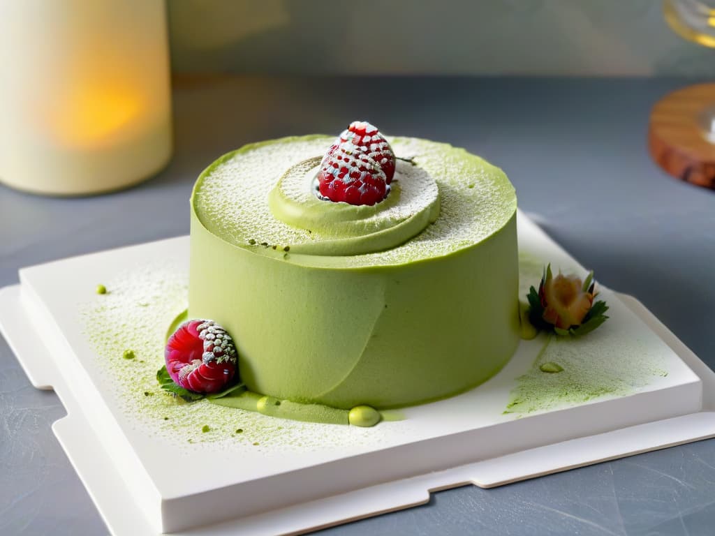  An ultradetailed image of a delicate matcha green tea mousse cake on a sleek white plate, garnished with fresh raspberries and a dusting of matcha powder. The cake is perfectly layered, showcasing the vibrant green color of the matcha, with each detail of the smooth texture and intricate design highlighted in stunning clarity. The background is softly blurred, emphasizing the elegance and sophistication of the dessert presentation. hyperrealistic, full body, detailed clothing, highly detailed, cinematic lighting, stunningly beautiful, intricate, sharp focus, f/1. 8, 85mm, (centered image composition), (professionally color graded), ((bright soft diffused light)), volumetric fog, trending on instagram, trending on tumblr, HDR 4K, 8K