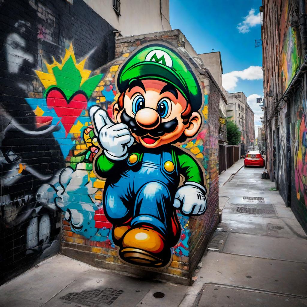  Create eye catching street art in Banksy's style featuring Mario and Luigi with creative use of stencils, graffiti, and cartoony elements. hyperrealistic, full body, detailed clothing, highly detailed, cinematic lighting, stunningly beautiful, intricate, sharp focus, f/1. 8, 85mm, (centered image composition), (professionally color graded), ((bright soft diffused light)), volumetric fog, trending on instagram, trending on tumblr, HDR 4K, 8K