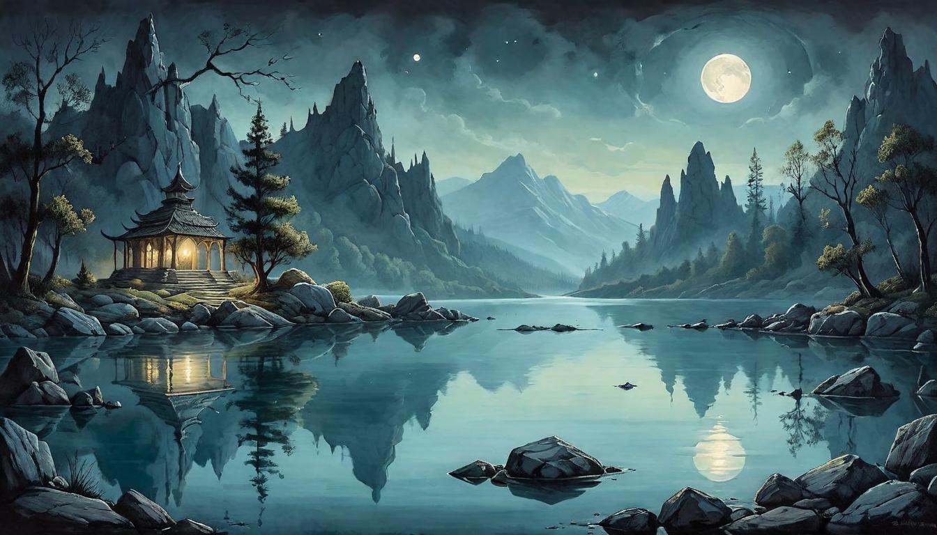  on parchment, surrealism+++, A serene lake reflecting moonlight, undisturbed by the stones being cast into it embodying non reactivity. Mirror of tranquility, rippleless resolve. Calm waters, undisturbed serenity(mysterious, provocative, symbolic,muted color)+++