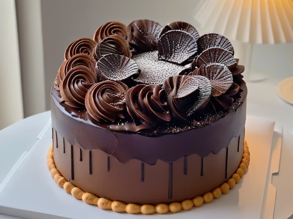  A closeup, ultradetailed image of a decadent chocolate cake with layers of rich Vegemiteinfused ganache, topped with delicate chocolate curls and a sprinkle of sea salt. The cake sits on a sleek, modern cake stand, with soft lighting that highlights the glossy sheen of the ganache and the intricate details of the chocolate curls. The background is blurred to keep the focus on the mouthwatering cake, inviting the viewer to indulge in the innovative fusion of flavors. hyperrealistic, full body, detailed clothing, highly detailed, cinematic lighting, stunningly beautiful, intricate, sharp focus, f/1. 8, 85mm, (centered image composition), (professionally color graded), ((bright soft diffused light)), volumetric fog, trending on instagram, trending on tumblr, HDR 4K, 8K