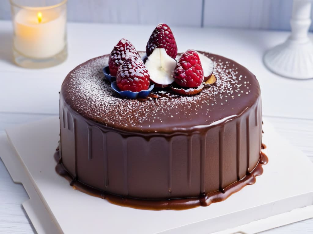  A closeup, ultradetailed image of a decadent chocolate cake with a glossy ganache glaze, topped with delicate flakes of toasted coconut and fresh raspberries. The cake sits on a sleek, modern white plate against a soft, blurred background, showcasing the rich textures and vibrant colors of the dessert. hyperrealistic, full body, detailed clothing, highly detailed, cinematic lighting, stunningly beautiful, intricate, sharp focus, f/1. 8, 85mm, (centered image composition), (professionally color graded), ((bright soft diffused light)), volumetric fog, trending on instagram, trending on tumblr, HDR 4K, 8K