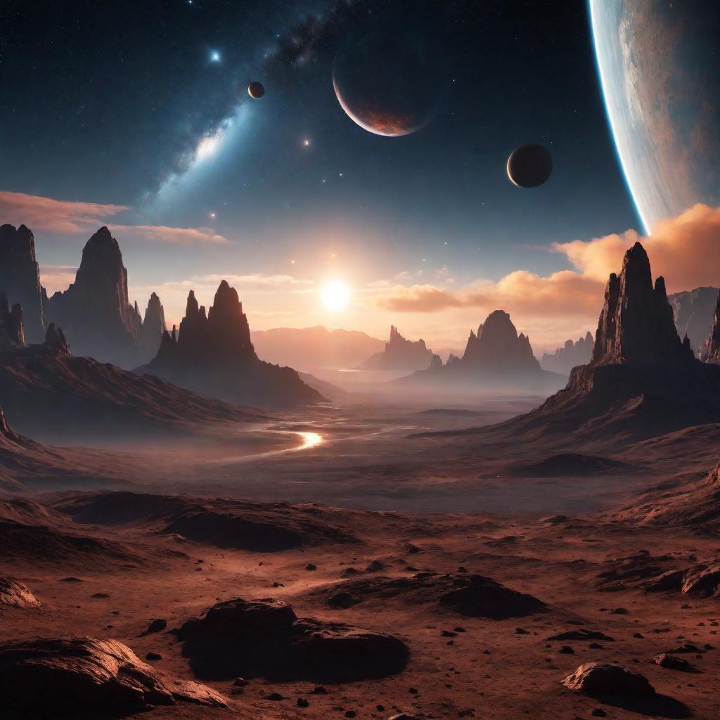  A scene showing the ever-changing sky with a new planetary system's appearance. There is a mix of real footage and animations of cosmic elements. The scene includes various special effects like twinkling stars and planets orbiting. A narrator or visual text guides the viewer on the story of the new planetary system. The setting features dramatic music highlighting the grandeur of space. hyperrealistic, full body, detailed clothing, highly detailed, cinematic lighting, stunningly beautiful, intricate, sharp focus, f/1. 8, 85mm, (centered image composition), (professionally color graded), ((bright soft diffused light)), volumetric fog, trending on instagram, trending on tumblr, HDR 4K, 8K