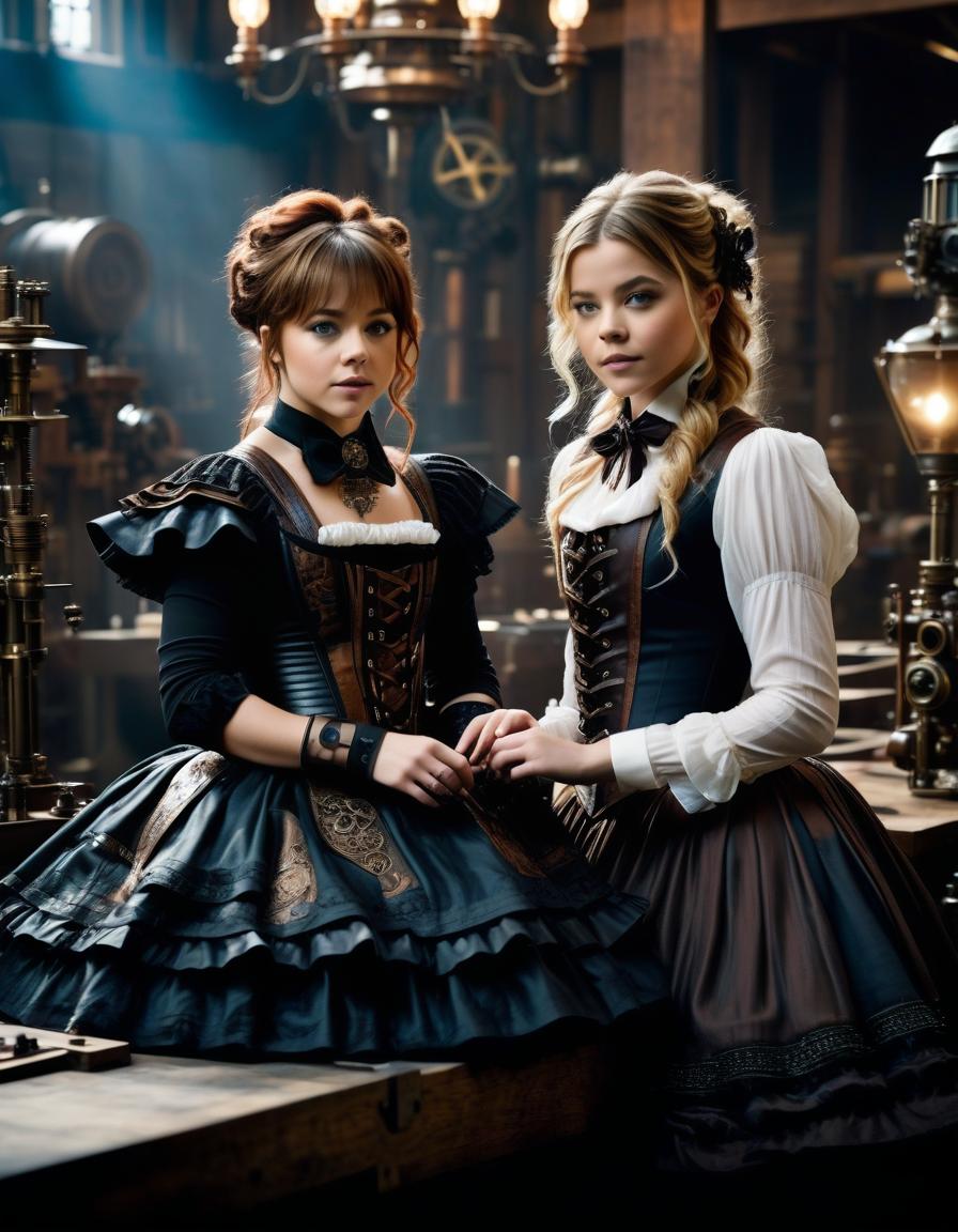  cinematic film still The most detailed steampunk image, close up of Lindsey Stirling and Chloe Grace Moretz in dark puffy dresses with short skirts, flounces and ruffles, Victorian style, in a spacious workshop they are setting up a huge mechanical android, dynamic expressive poses, people in Tudor clothes, a complex image, a masterpiece, maximum detail, the most detailed drawn faces The main emphasis is on faces, clearly drawn eyes as clearly and in detail as possible, slender figures, beautiful legs, photorealism, an image in the style of Daniel F. Gerhartz and Eugene de Blaas, the most realistic image . shallow depth of field, vignette, highly detailed, high budget, bokeh, cinemascope, moody, epic, gorgeous, film grain, grainy hyperrealistic, full body, detailed clothing, highly detailed, cinematic lighting, stunningly beautiful, intricate, sharp focus, f/1. 8, 85mm, (centered image composition), (professionally color graded), ((bright soft diffused light)), volumetric fog, trending on instagram, trending on tumblr, HDR 4K, 8K