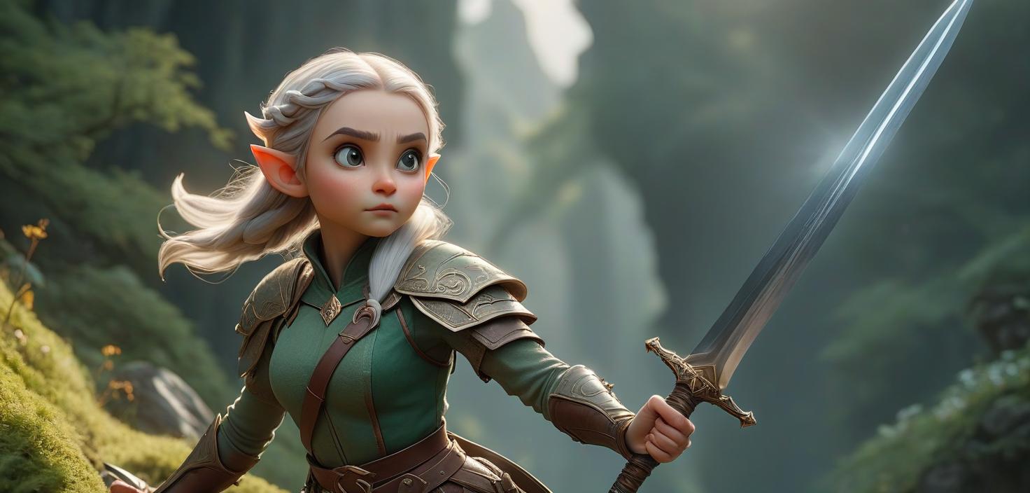  full hd. maximum quality. An small elf girl is flying in the sky with a sharp sword in her hand. the image is very blurry. hyperrealistic, full body, detailed clothing, highly detailed, cinematic lighting, stunningly beautiful, intricate, sharp focus, f/1. 8, 85mm, (centered image composition), (professionally color graded), ((bright soft diffused light)), volumetric fog, trending on instagram, trending on tumblr, HDR 4K, 8K