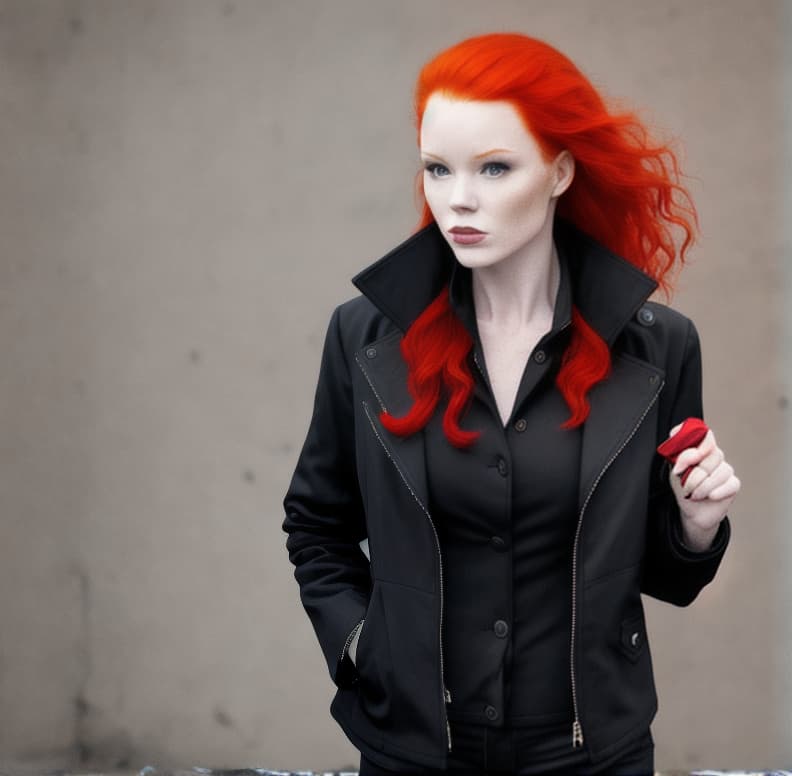  Woman with red hair and a black jacket