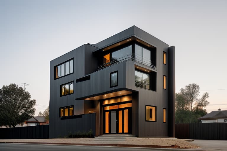  Street view of the house, modern architectural style, dark aluminum doors, beautiful lighting