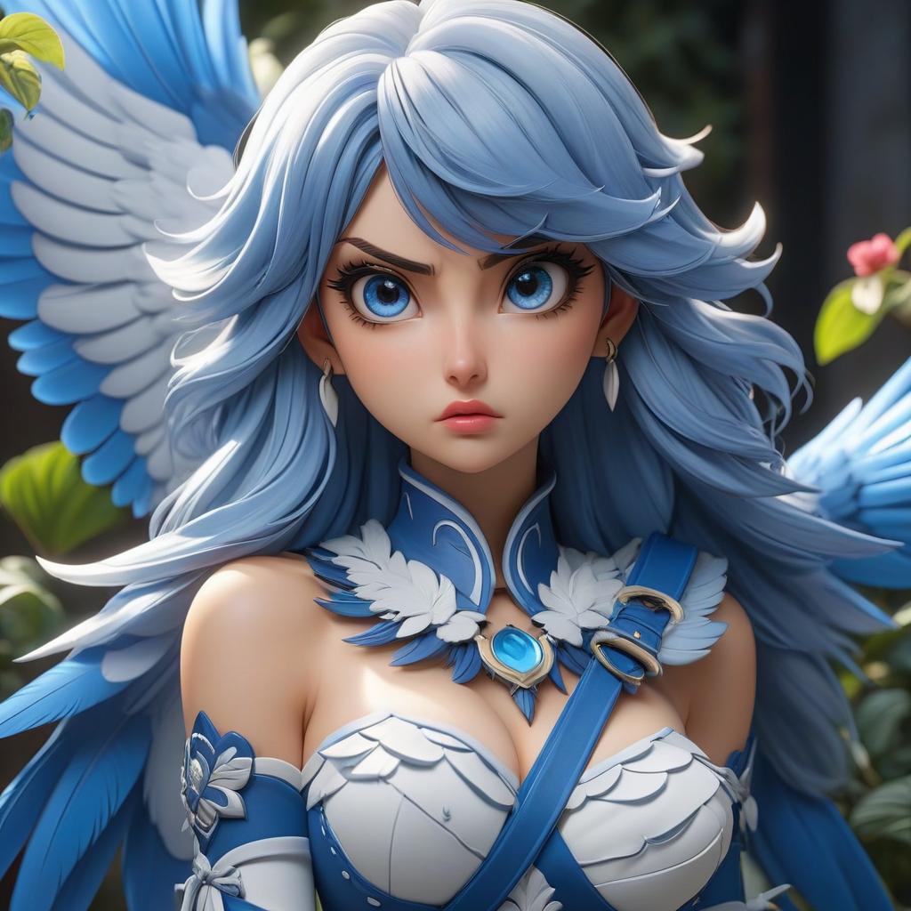  anime artwork A blue and white bird is upset. . anime style, key visual, vibrant, studio anime, highly detailed hyperrealistic, full body, detailed clothing, highly detailed, cinematic lighting, stunningly beautiful, intricate, sharp focus, f/1. 8, 85mm, (centered image composition), (professionally color graded), ((bright soft diffused light)), volumetric fog, trending on instagram, trending on tumblr, HDR 4K, 8K