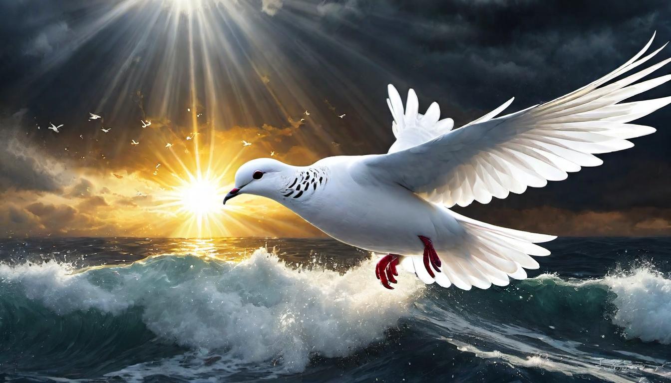  digital painting of A dove ascends, carrying an olive branch over dark, stormy seas, breaking through clouds into sunlight, symbol of hope, emergence from turmoil, a radiant barrier divides the dark below from light above, the dove detailed, contrast between turmoil and peace, symbolic ascent, sunlight breaks through with ethereal glow looking at viewer, dynamic pose, (intricate details, masterpiece, best quality)