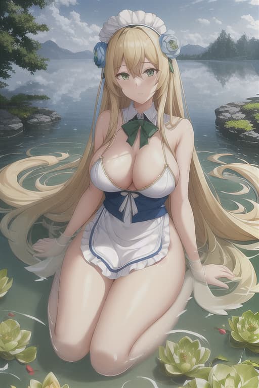  (score 9,score 8 up,score 7 up,),1girl,solo,maid,maid headdress,looking at viewer,outdoor,lake,apron,blonde hair,indoors,green eyes,bare foot,two feet in the water lotus flower sex stunny hyperrealistic, full body, detailed clothing, highly detailed, cinematic lighting, stunningly beautiful, intricate, sharp focus, f/1. 8, 85mm, (centered image composition), (professionally color graded), ((bright soft diffused light)), volumetric fog, trending on instagram, trending on tumblr, HDR 4K, 8K