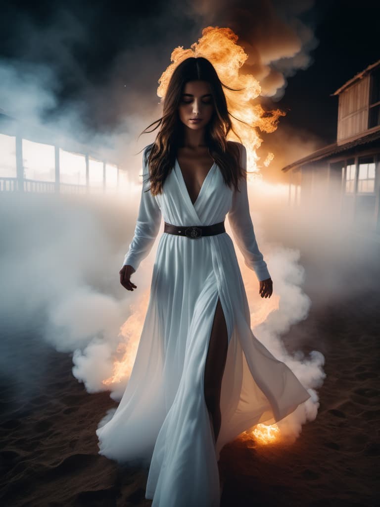  cinematic photo wabstyle, glowing, robe,  (fog,:1.2)  (mist:1.2), smoke, girl composed of white light,  girl composed of black smoke, fire, sun, girl, small, long hair, solo, (photorealistic:1.4), cowboy shot,
cinematic angle, fisheye,  motion blur,, sexly, shoujo kitou-chuu,blue fire, frie rain,
Long hair fluttering in the wind, loong, wave, . 35mm photograph, film, bokeh, professional, 4k, highly detailed